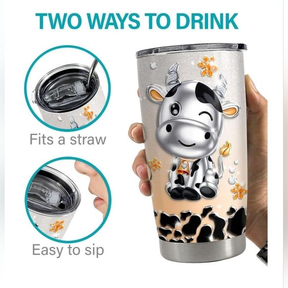 NWOT SANDJEST Adorable Cow Print Stainless Steel Tumbler 20oz - Picture 3 of 3